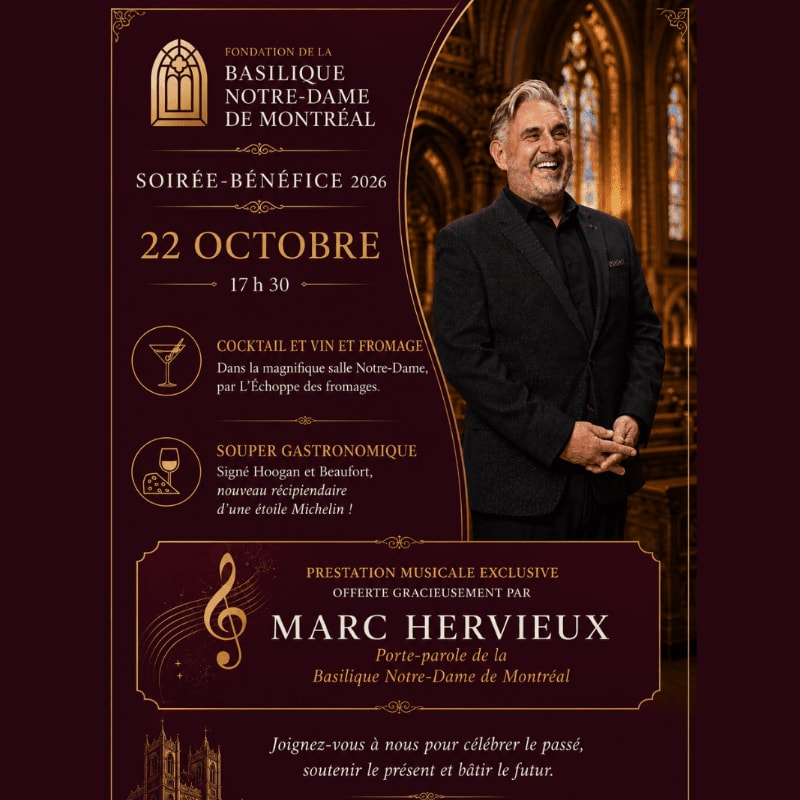 A smiling man in a suit stands on the right, while the left side of the poster details a fundraising event for the Notre-Dame Basilica of Montreal, including date, time, and activities.