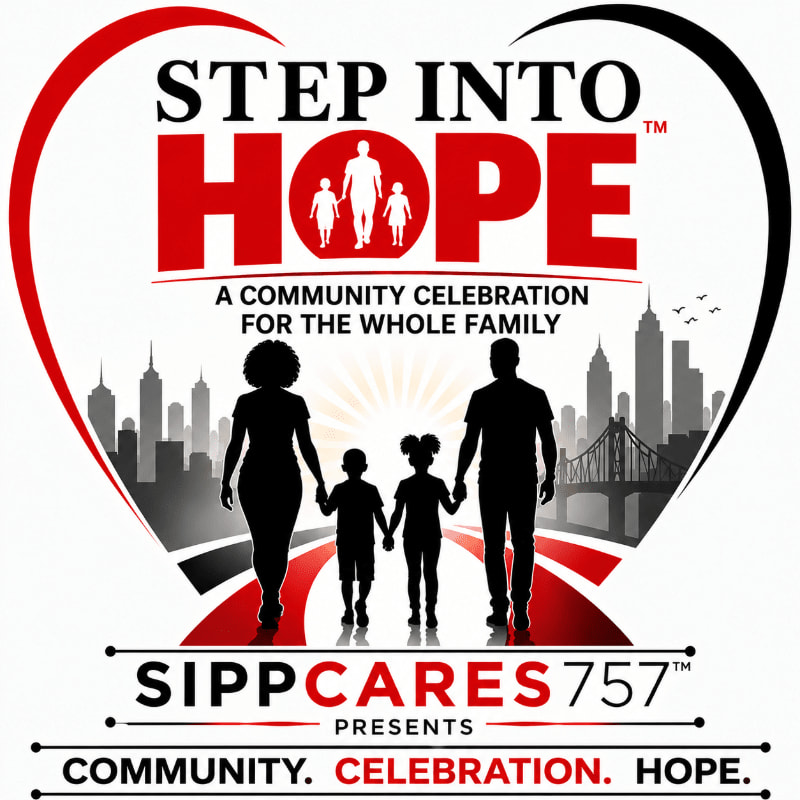 Silhouetted figures of a family walk towards a cityscape within a heart-shaped frame, with the text "STEP INTO HOPE" prominently displayed above.