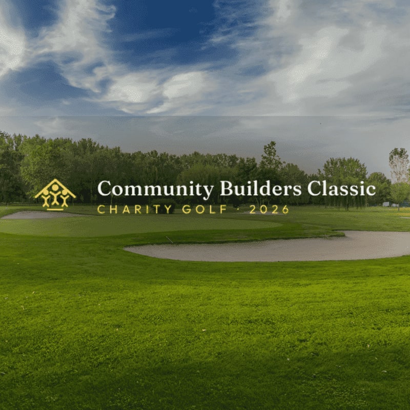 A lush green golf course with sand traps in the foreground is set against a backdrop of trees and a cloudy sky, with the text "Community Builders Classic CHARITY GOLF - 2026" overlaid.