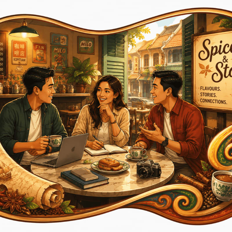 Three young adults converse at a table with a laptop and coffee cups, while a bustling street scene with traditional buildings is visible through the window.