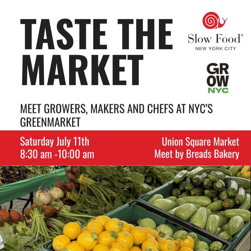 A vibrant market scene with fresh produce in the foreground is overlaid with bold text announcing "Taste the Market" and event details.