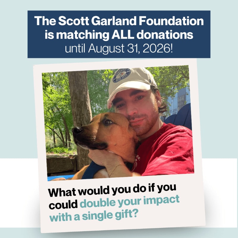 A man and a dog are in the foreground, with text about a donation match in the background.