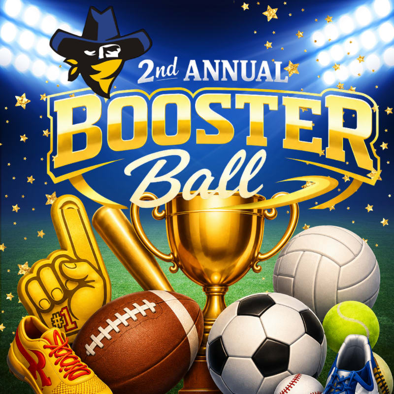 A golden trophy stands prominently in the foreground amidst various sports equipment, set against a vibrant blue background with stadium lights and stars.
