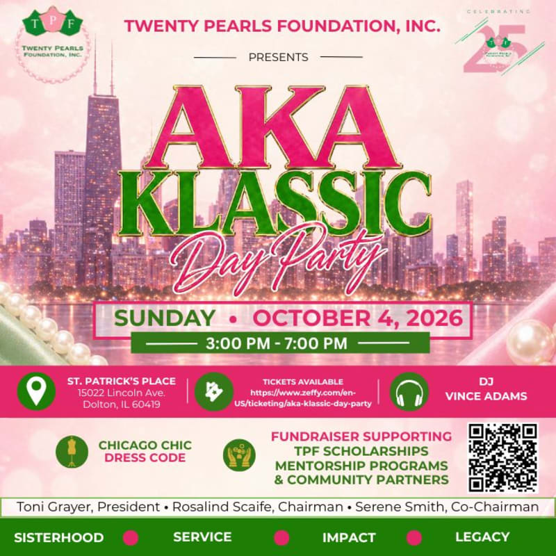 A pink and green flyer for an AKA Klassic Day Party is overlaid on a cityscape, featuring event details like date, time, location, and fundraising cause in the foreground.