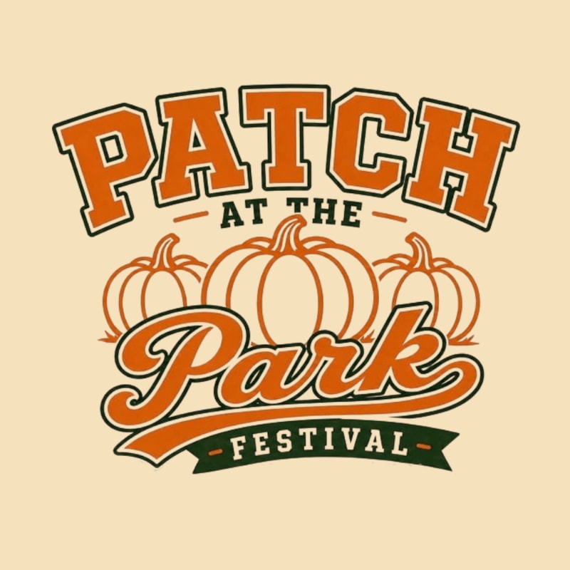 Orange text reading "PATCH AT THE PARK FESTIVAL" with three pumpkins in the foreground against a light tan background.