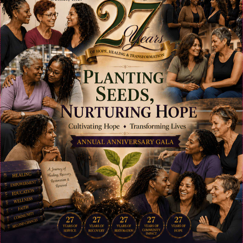 A collage of women celebrating 27 years of hope, healing, and transformation, with a book and sprouting plant in the foreground and a crowd in the background.