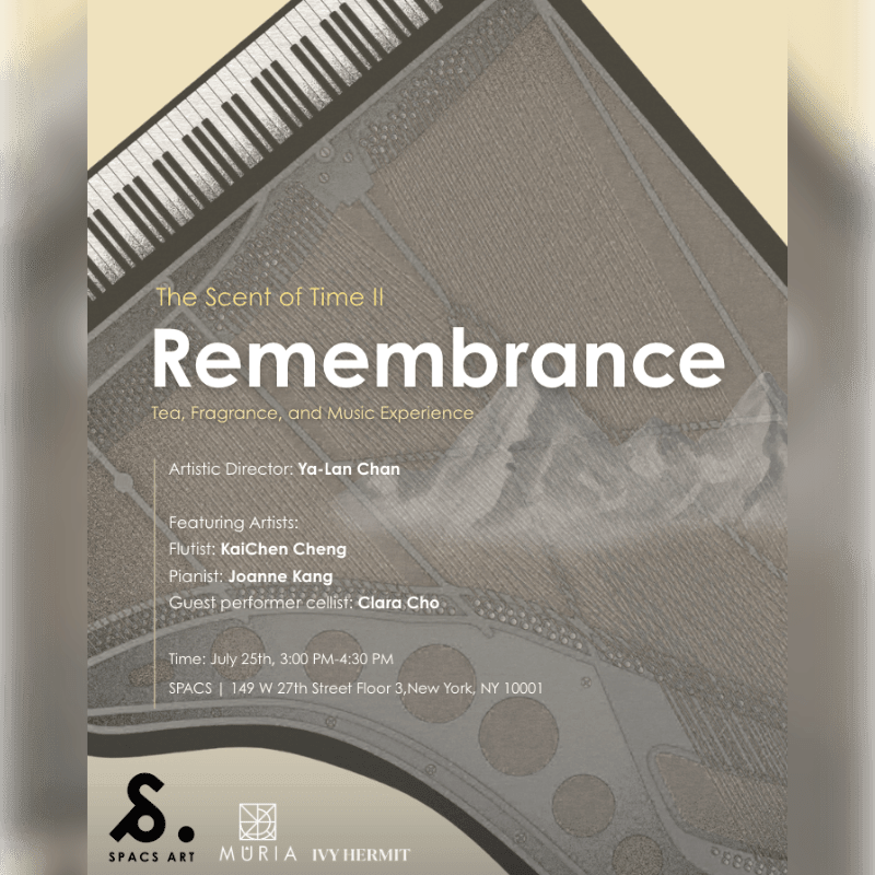 A vintage piano keyboard and strings fill the foreground, while the background displays event details for a "Remembrance: Tea, Fragrance, and Music Experience."