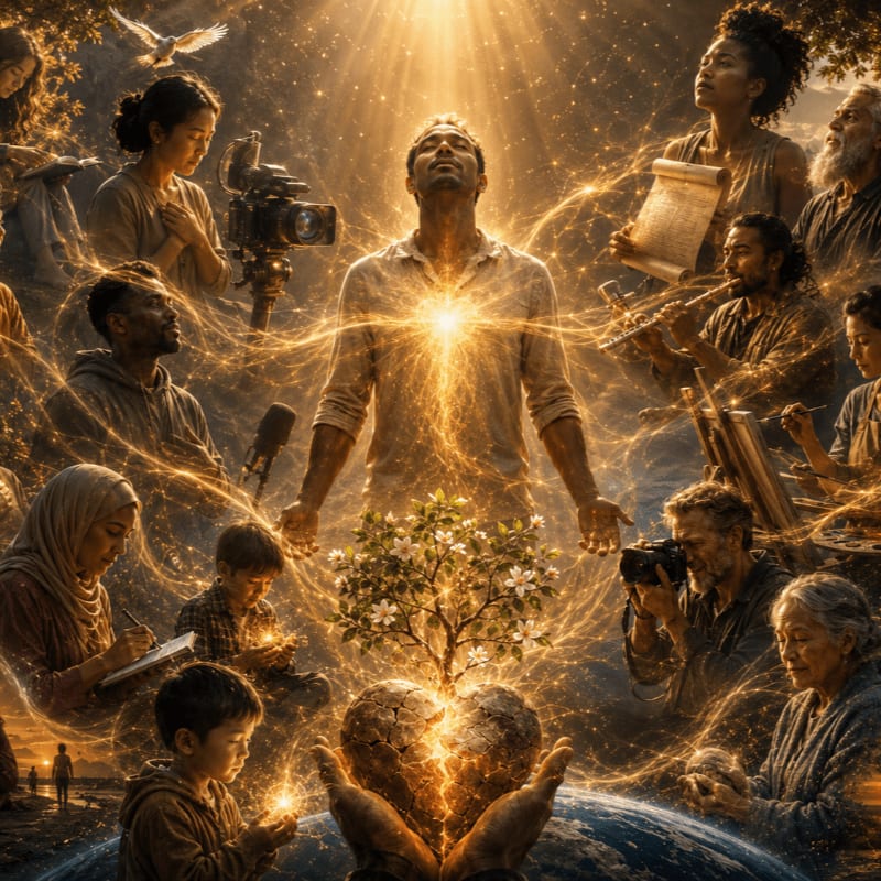 A man with arms outstretched is surrounded by people of diverse backgrounds, all connected by golden energy emanating from a glowing heart and tree at the center, with a celestial background.