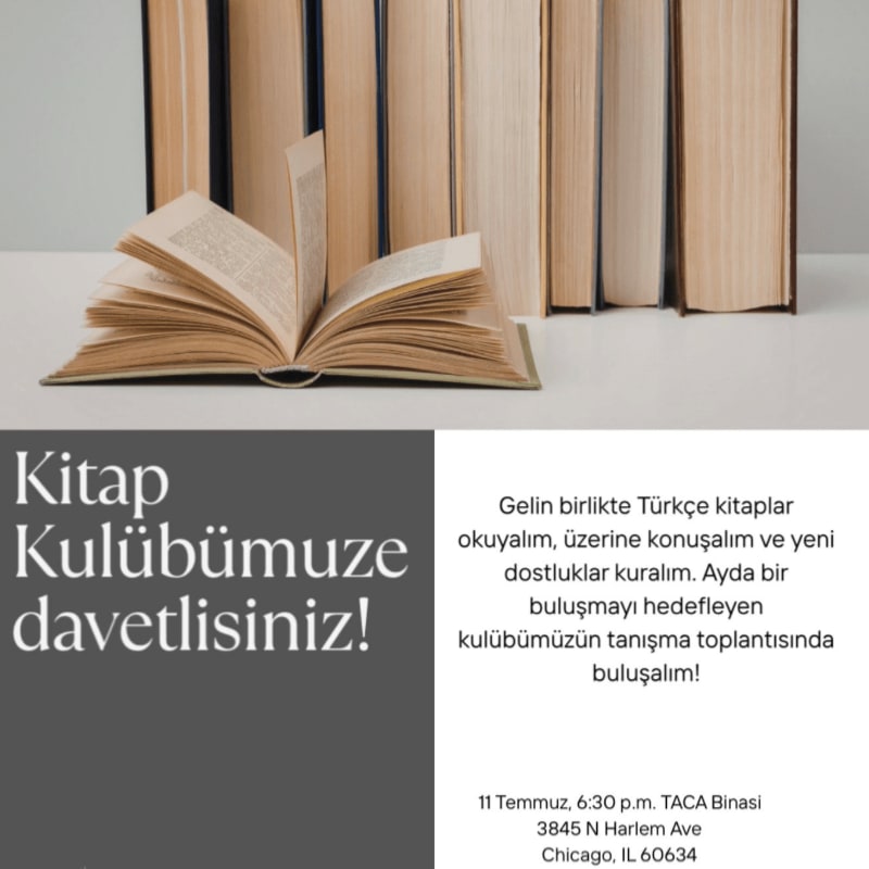 An open book rests in the foreground before a row of closed books in the background, with Turkish text announcing a book club invitation.
