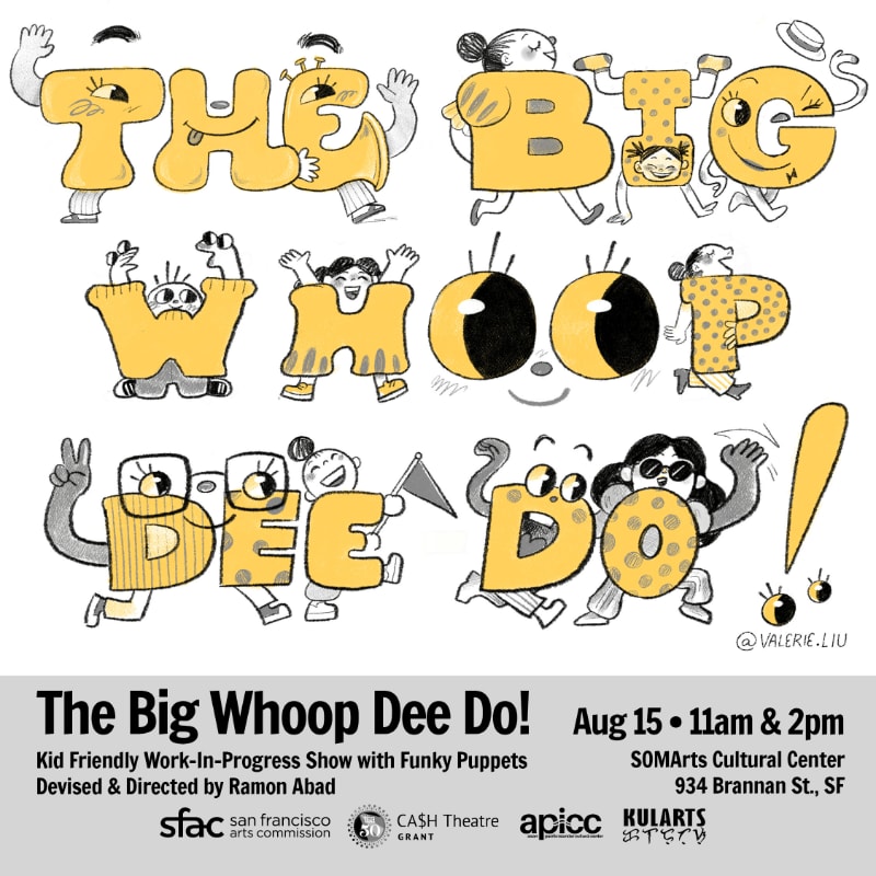 Yellow cartoon letters spelling "THE BIG WHOOP DEE DO!" with characters interacting with them are in the foreground, while event details and logos are in the background.