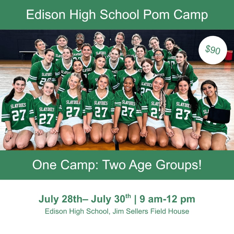 A group of young women in green uniforms pose for a photo in a gymnasium, with text overlaying the image advertising a pom camp.