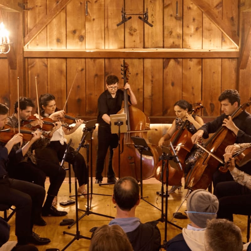 A string quartet plays in a rustic wooden hall, with the audience seated in the foreground.