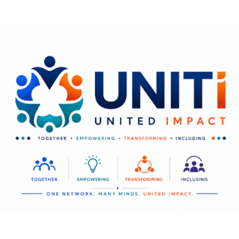 A colorful logo with abstract figures forming a circle in the foreground and the text "UNITI UNITED IMPACT" in the background.