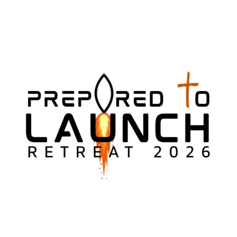 A stylized rocket with flames erupting from its base is centered in the foreground, with the words "PREPARED TO LAUNCH RETREAT 2026" emblazoned around it against a white background.