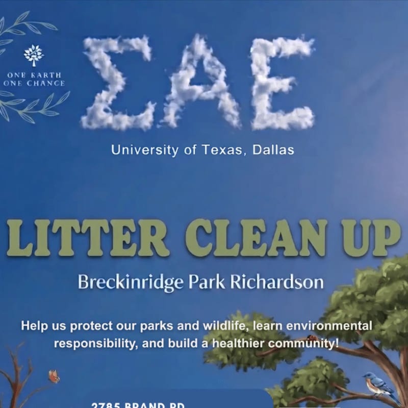 White clouds in the shape of "SAE" float in a bright blue sky above text announcing a litter clean-up event at Breckinridge Park, with trees and a bird visible in the foreground.