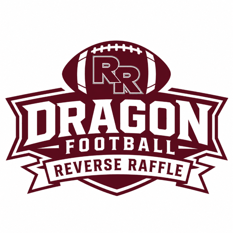 A maroon and white logo for "Dragon Football Reverse Raffle" is centered on a white background, featuring a football at the top with "RR" inside.