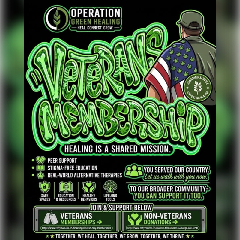 A green, stylized "VETERANS MEMBERSHIP" logo dominates the foreground, with a veteran wearing a US flag-themed jacket in the background.