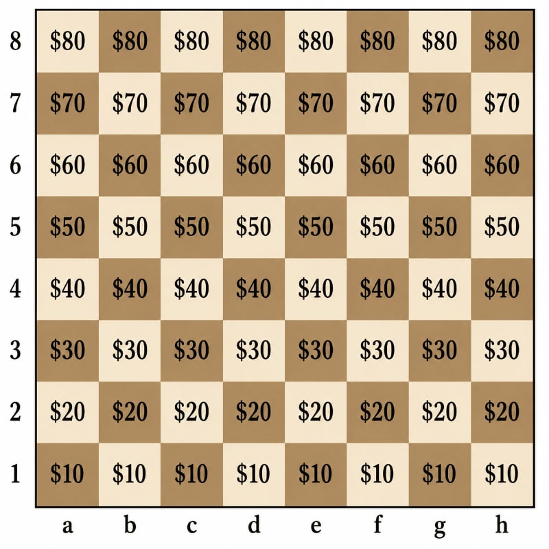 A chessboard pattern with alternating light and dark squares is overlaid with rows of dollar amounts from $10 to $80, with the rows labeled 1 through 8 and columns labeled a through h.