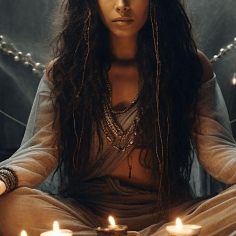 A woman with long, dark hair sits cross-legged in the foreground surrounded by lit candles, with a beaded garland hanging in the softly lit background.