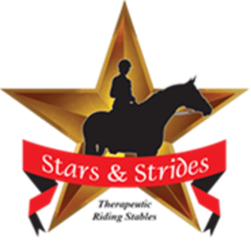 A silhouette of a rider on a horse is centered within a golden star, with a red banner displaying "Stars & Strides" and smaller text below reading "Therapeutic Riding Stables."