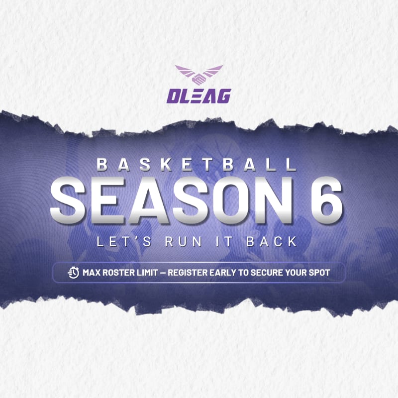 A torn purple banner across a textured white background announces "BASKETBALL SEASON 6 LET'S RUN IT BACK" with the OLEAG logo above and registration details below.