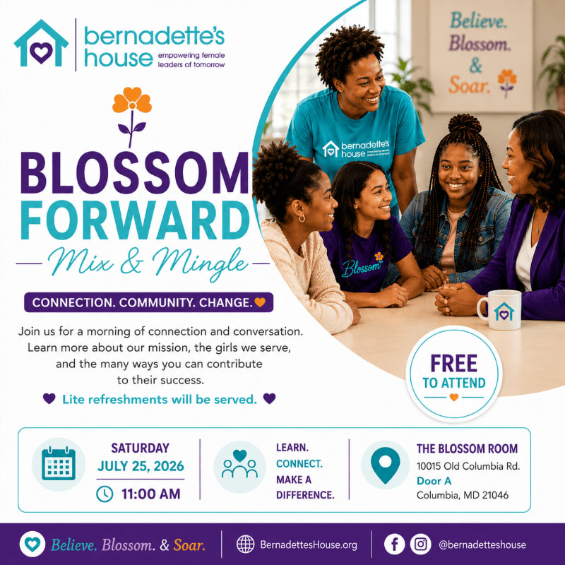A group of women are smiling and talking around a table in the foreground, with the event details and logo of Bernadette's House in the background.