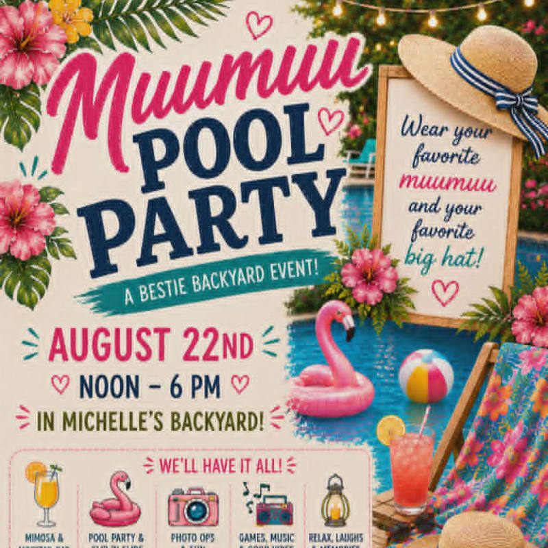 A vibrant pool party invitation features a pink flamingo float and colorful drinks in the foreground, set against a backdrop of lush greenery and a festive "Muumuu Pool Party" banner.