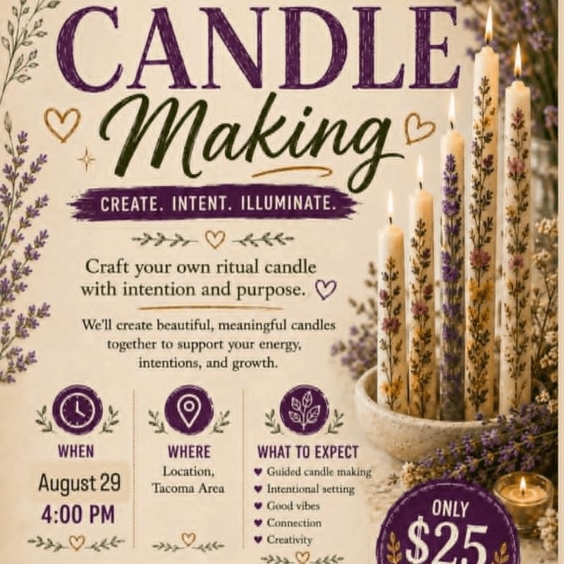 A flyer advertises a candle-making workshop with decorative elements and details about the event in the foreground, set against a background of lit candles and lavender.