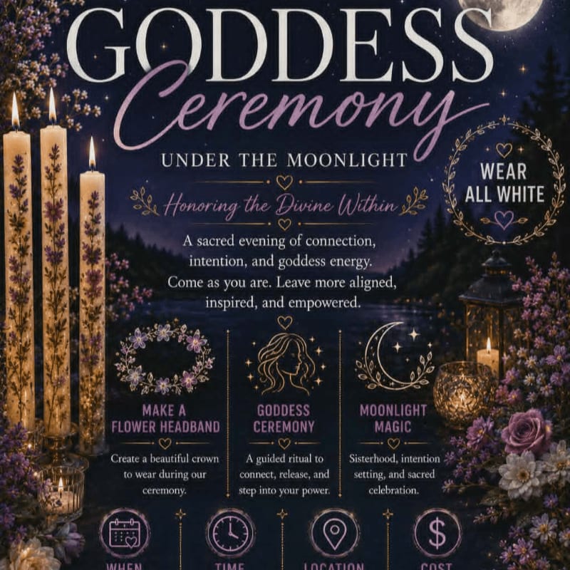Three lit candles and purple flowers adorn the foreground, while the background features a dark, moonlit sky with trees and text announcing a "Goddess Ceremony Under the Moonlight."