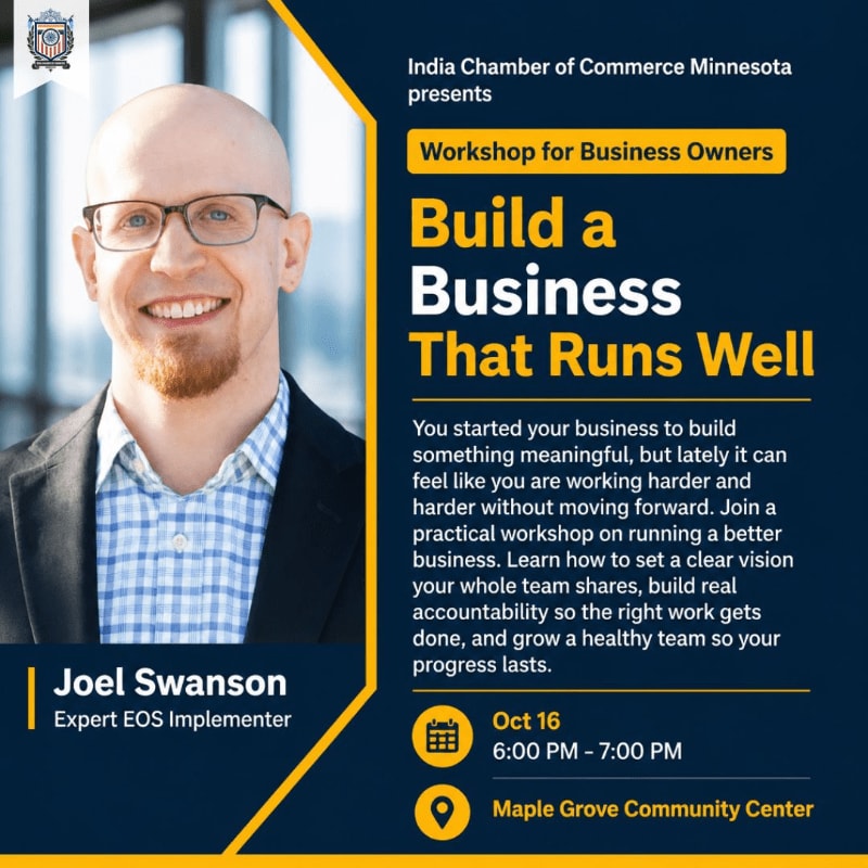 A smiling man with glasses is featured in the foreground, while the background displays event details for a business workshop.