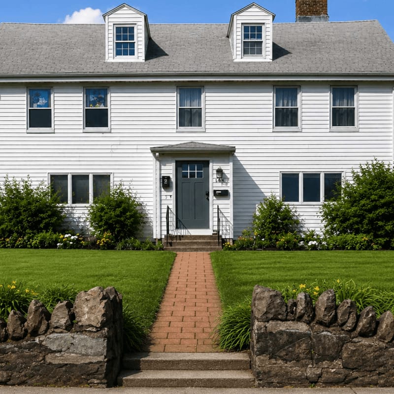 A brick pathway leads through a stone wall and a lush green lawn to the front door of a white clapboard house with dormer windows under a bright blue sky.