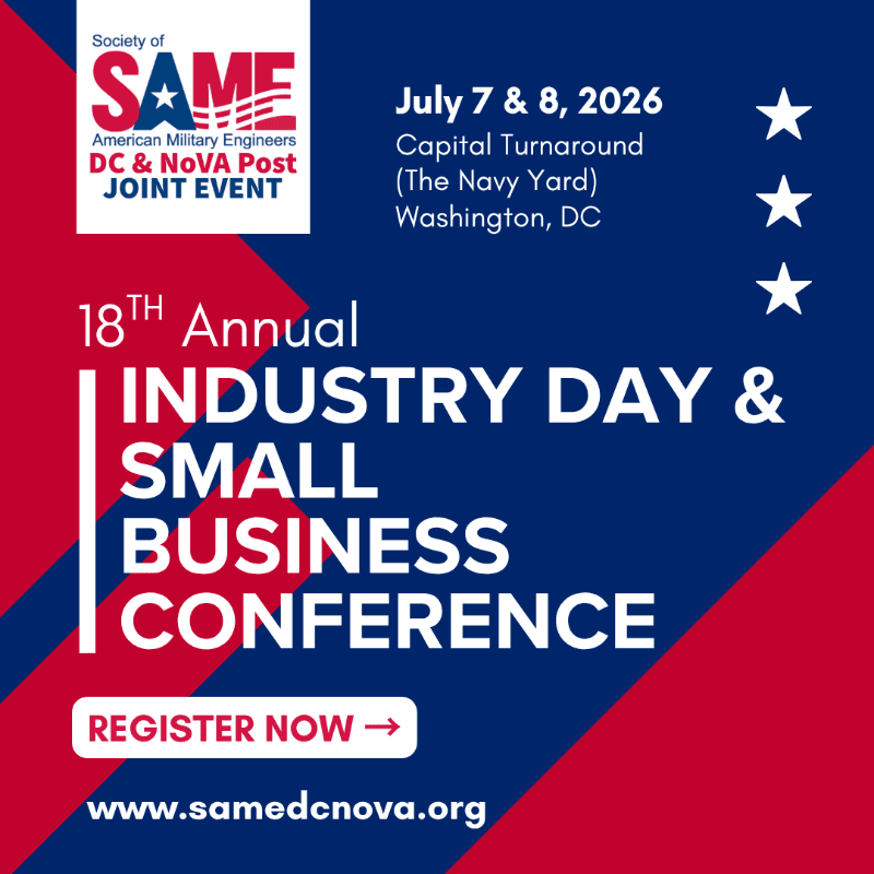 A red, white, and blue graphic advertises the 18th Annual Industry Day & Small Business Conference hosted by SAME DC & NOVA Post, with registration details in the foreground and event information in the background.