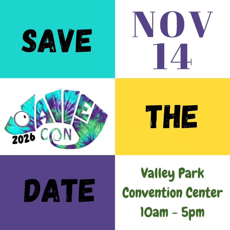 A colorful graphic announces "SAVE THE DATE" for "AVE CON 2026" on November 14th at Valley Park Convention Center from 10 am to 5 pm.