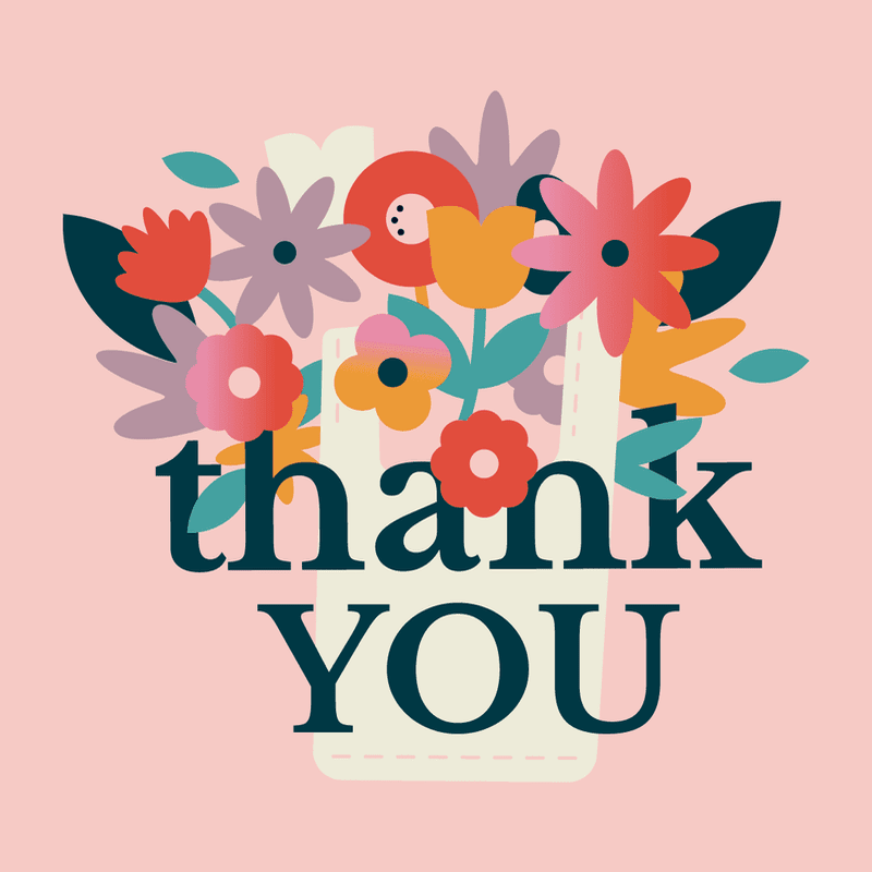 A bouquet of colorful, stylized flowers spills from a white bag, with the words "thank YOU" in dark blue lettering against a soft pink background.