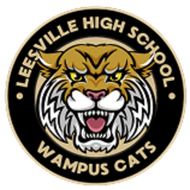 A fierce bobcat's face with bared teeth is centered within a black and gold circular emblem that reads "LEESVILLE HIGH SCHOOL WAMPUS CATS" in the background.