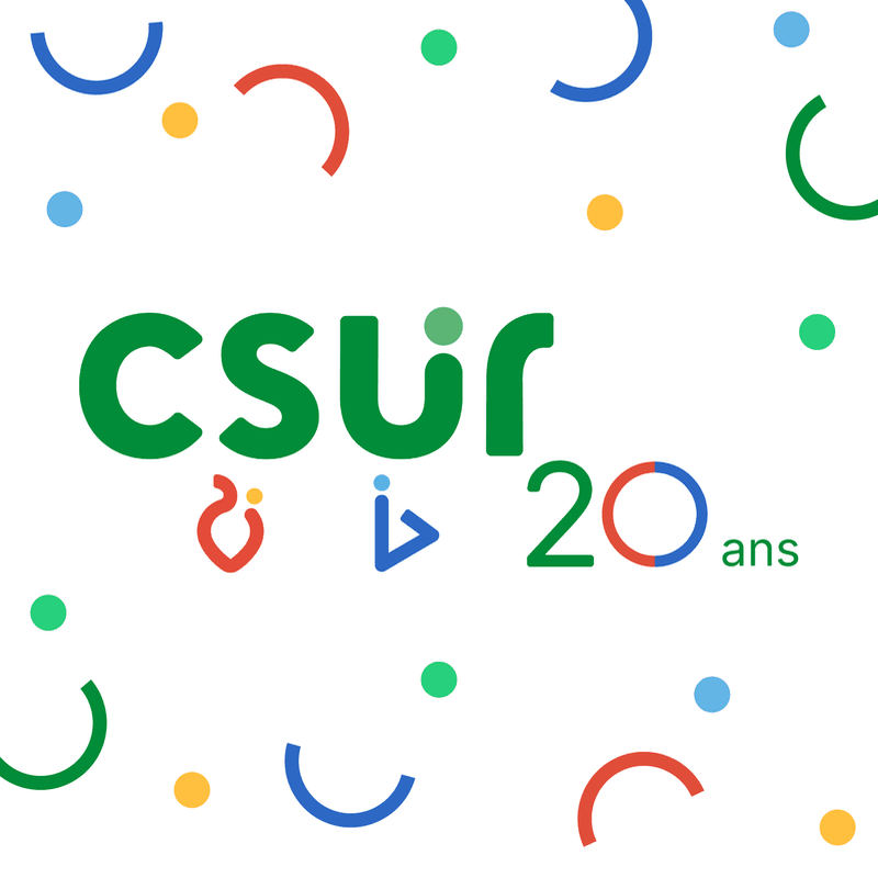 Colorful confetti and abstract shapes surround the green "csur" logo with "20 ans" in the background.