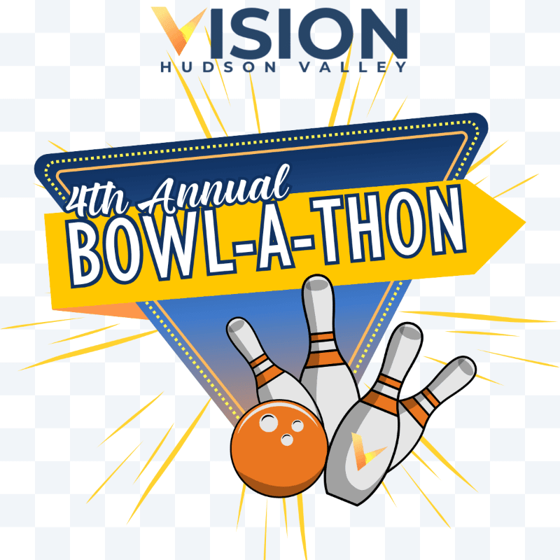 An orange bowling ball and pins are in the foreground, with a yellow arrow sign announcing the "4th Annual Bowl-A-Thon" and the "VISION HUDSON VALLEY" logo in the background.