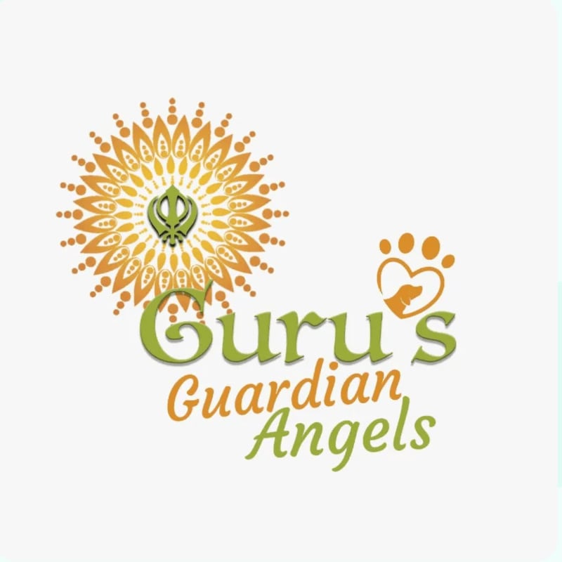 A circular, sun-like emblem with a Sikh symbol in the center is in the foreground, with the text "Guru's Guardian Angels" and a heart with a paw print and a dog silhouette in the background.