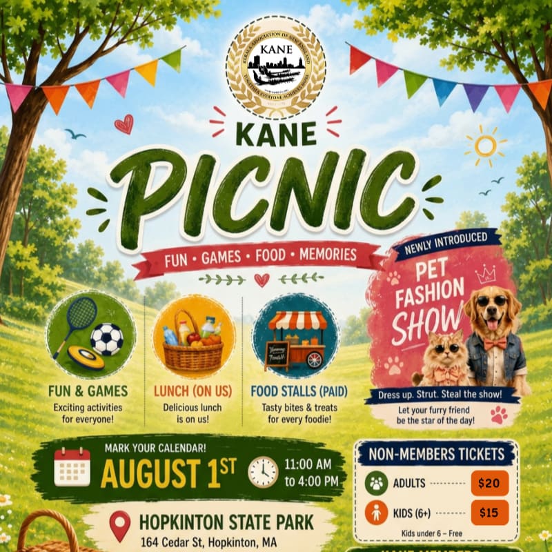 A vibrant picnic poster features a grassy foreground with icons for games, food, and a pet fashion show, set against a background of trees, colorful bunting, and a sunny sky.