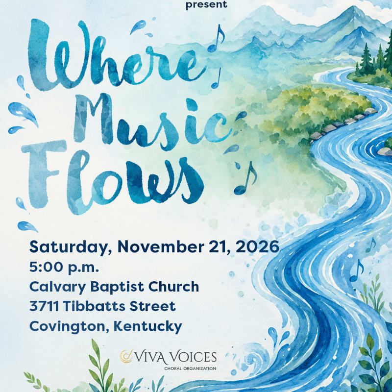 A watercolor painting of a winding river in the foreground flows through a mountainous landscape with trees in the background, advertising a concert titled "Where Music Flows."