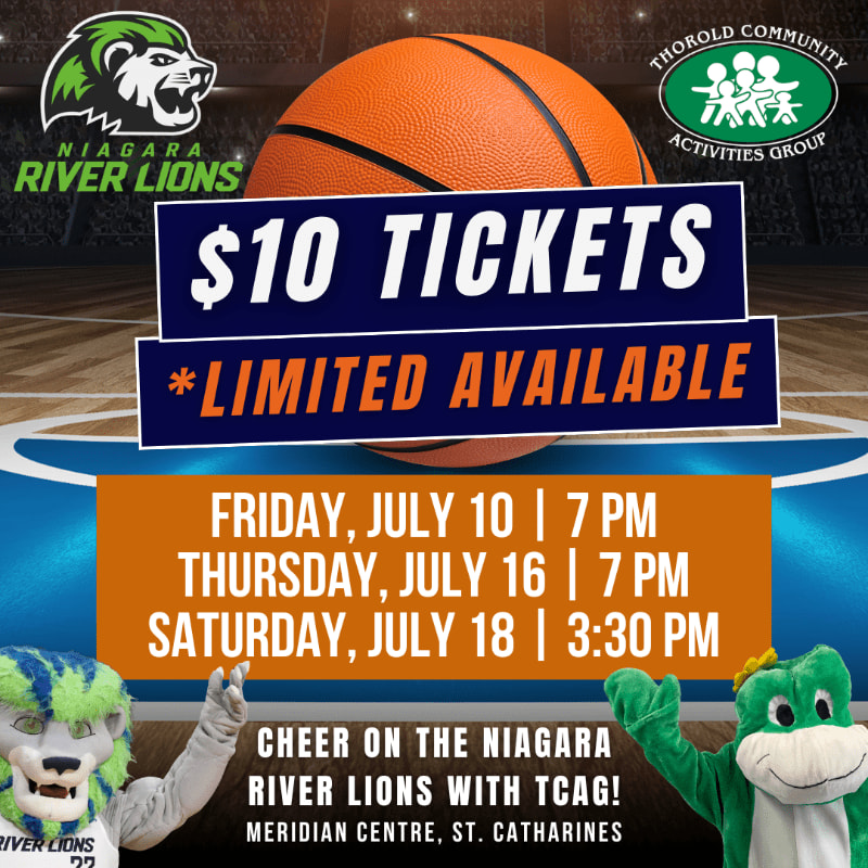 A basketball game advertisement features mascots in the foreground and a basketball with ticket information in the background.