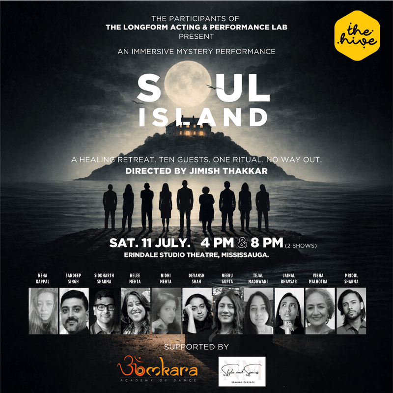 A group of silhouetted figures stand on a rocky outcrop in front of a moonlit island with a building, while below them, a collage of faces represents the performers.