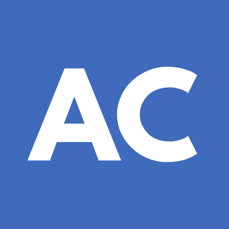 Two white letters, "A" and "C", are centered on a solid blue background.