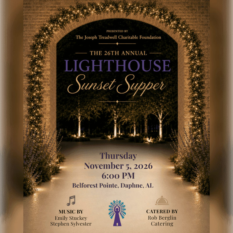 A warmly lit archway adorned with fairy lights frames a nighttime scene with trees in the background, advertising the 26th Annual Lighthouse Sunset Supper.
