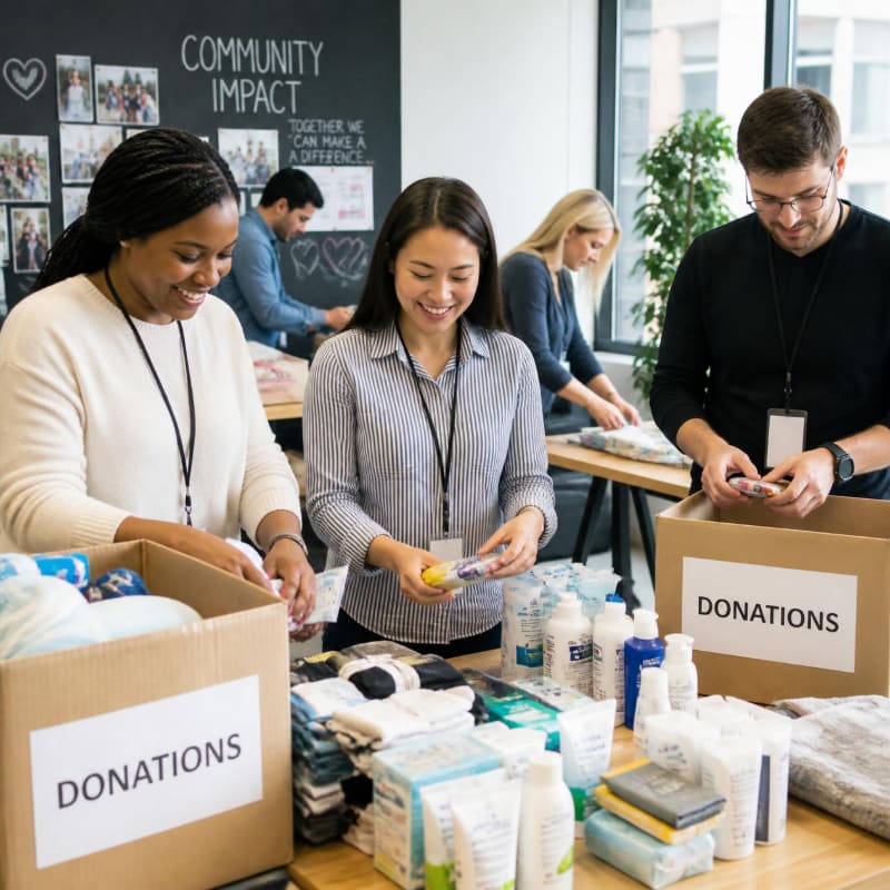 In the foreground, three smiling people are sorting donations into boxes, while in the background, a blackboard displays "Community Impact" and photos of people working together.