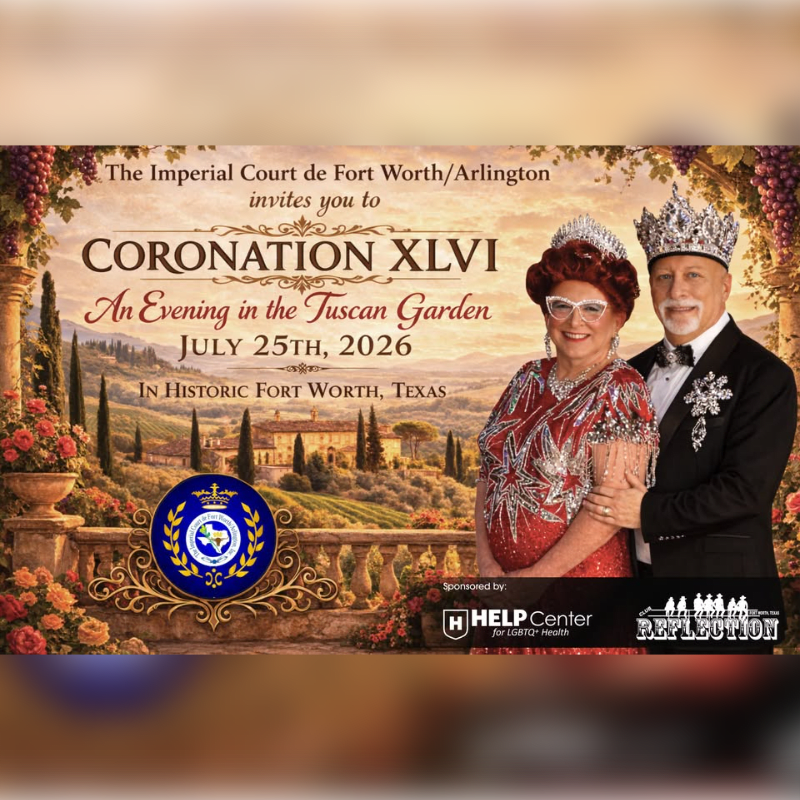 A regal couple in crowns and formal attire stands in the foreground against a backdrop of a Tuscan landscape with vineyards and a villa, advertising "Coronation XLVI" on July 25th, 2026.