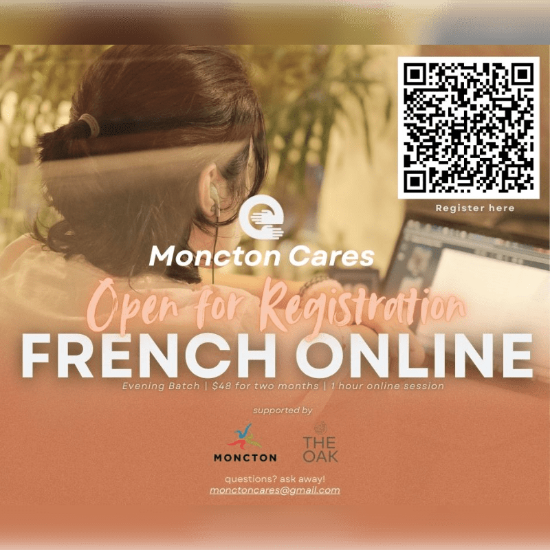 A person works on a laptop in the foreground, with a QR code and registration details for an online French course in the background.