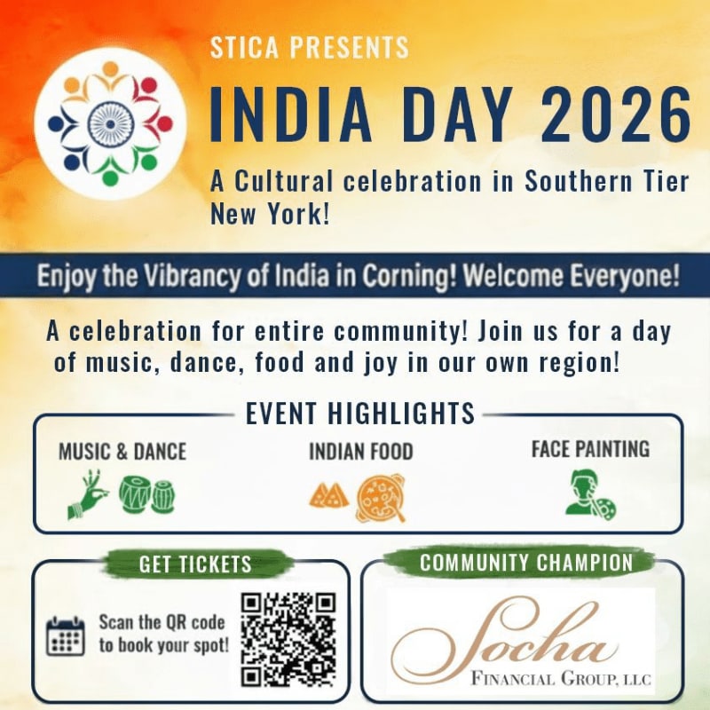 A vibrant orange and white background advertises "India Day 2026" in Corning, New York, with event highlights and ticket information in the foreground.