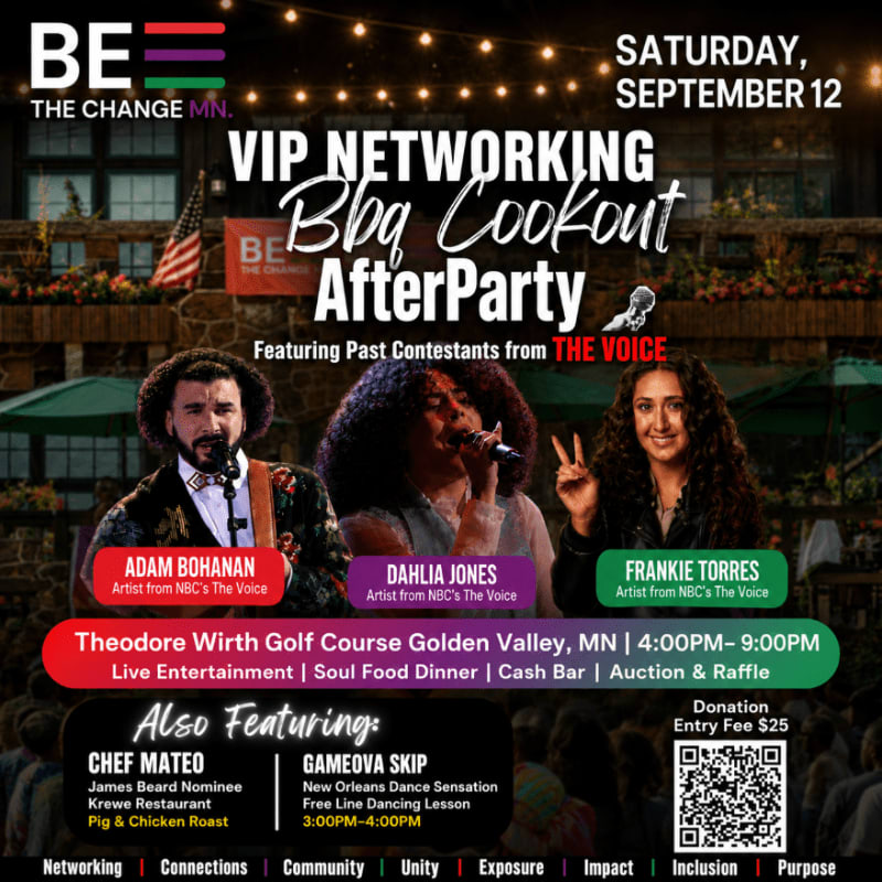Three past contestants from "The Voice" are featured in the foreground of a flyer advertising a VIP Networking BBQ Cookout AfterParty at Theodore Wirth Golf Course on Saturday, September 12th, with a background of a stone building and greenery.