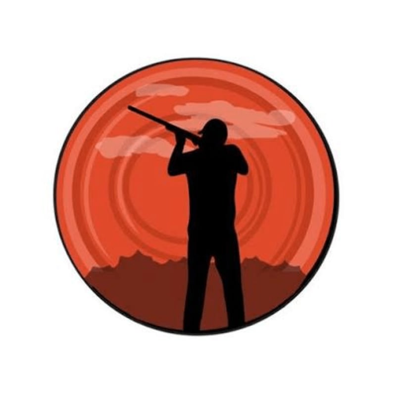 A silhouette of a person aiming a rifle stands against a backdrop of mountains and a sunset within a circular frame.